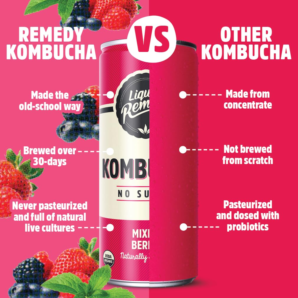Remedy Liquid Kombucha Mixed Berry being poured into a glass, highlighting berry aroma and refreshment.