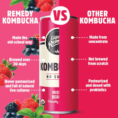 Remedy Liquid Kombucha Mixed Berry being poured into a glass, highlighting berry aroma and refreshment.