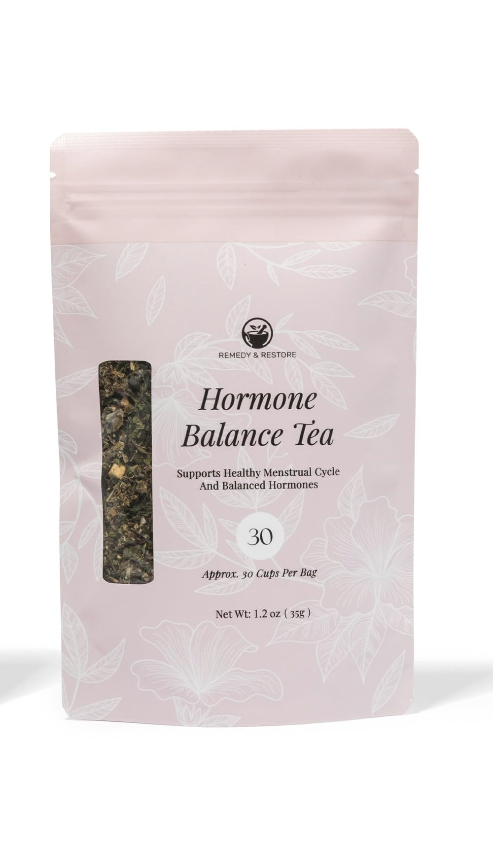 Remedy & Restore hormone balance tea front packaging showcases herbal blend for cycle support.