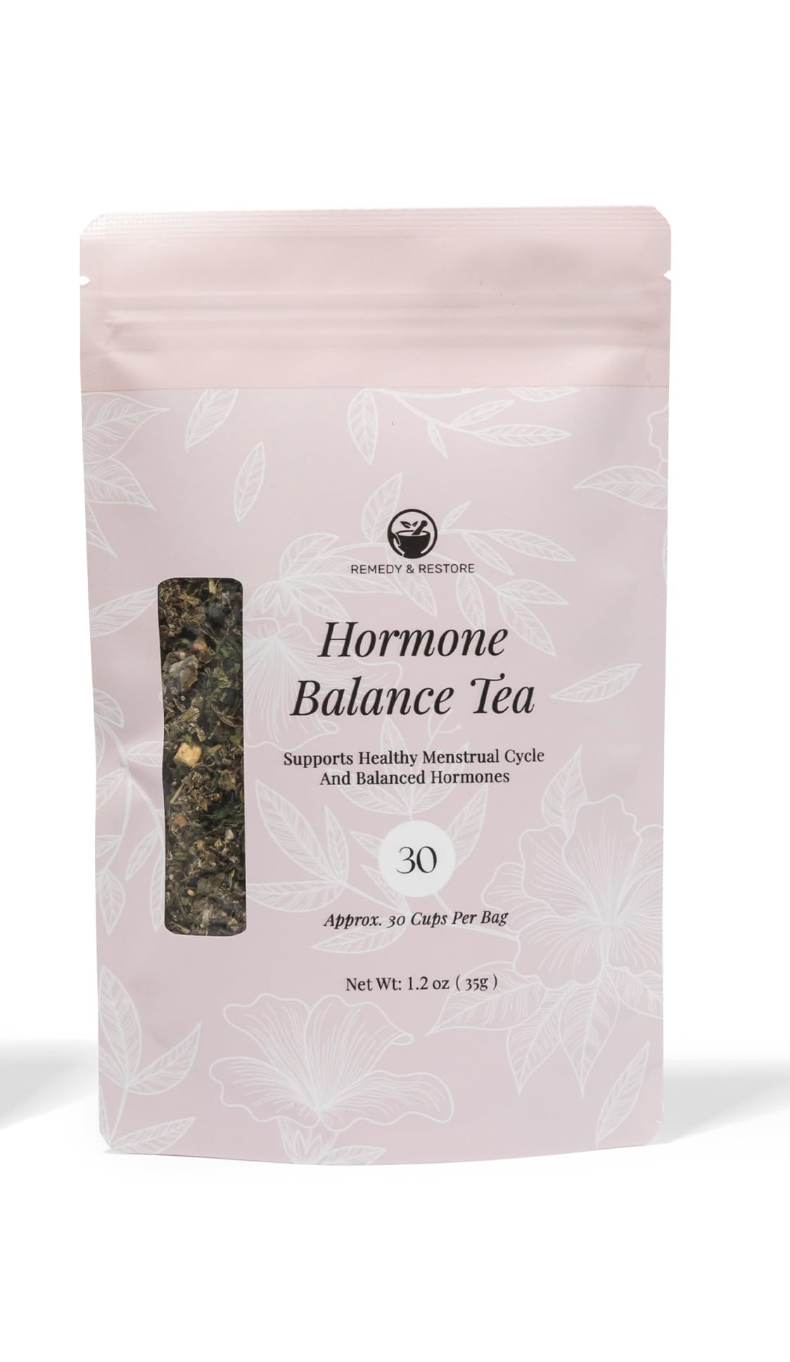 Remedy & Restore hormone balance tea front packaging showcases herbal blend for cycle support.
