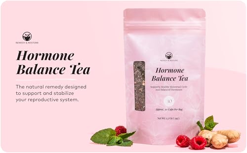Remedy & Restore hormone balance tea loose leaves closeup highlights spearmint and raspberry notes for cycle balance.