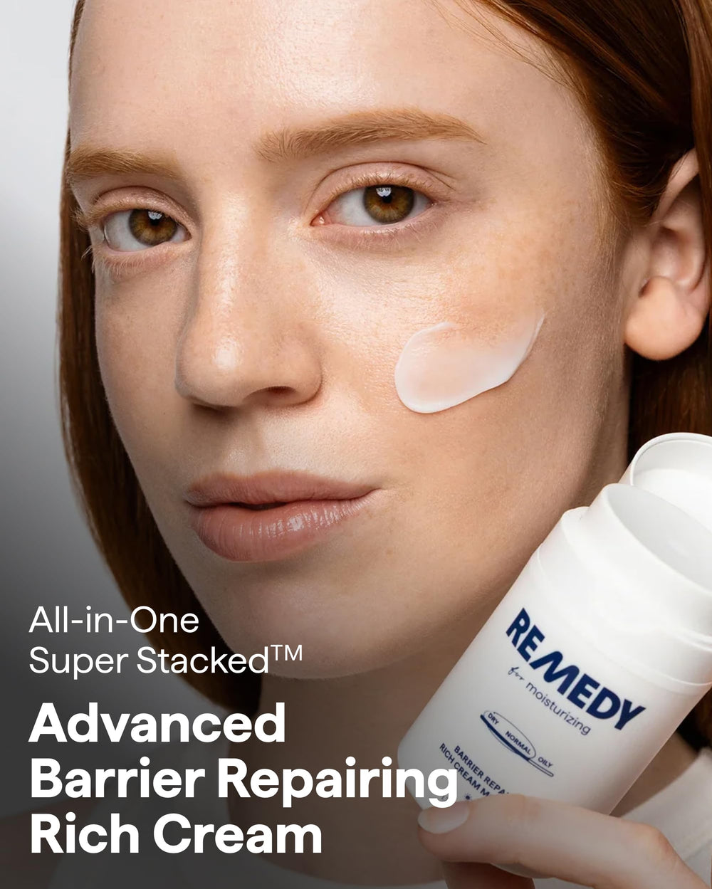 Remedy Science barrier repair cream in hand showing barrier-supporting formula.