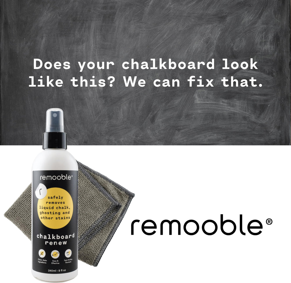 Remooble cleaner on a glass writing surface for easy, non-toxic cleanup.