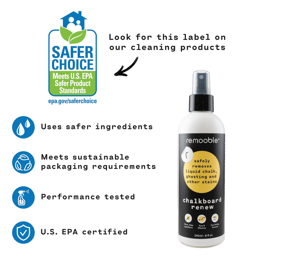 Remooble green chemistry formula offering safe chalkboard cleaning without harsh additives.