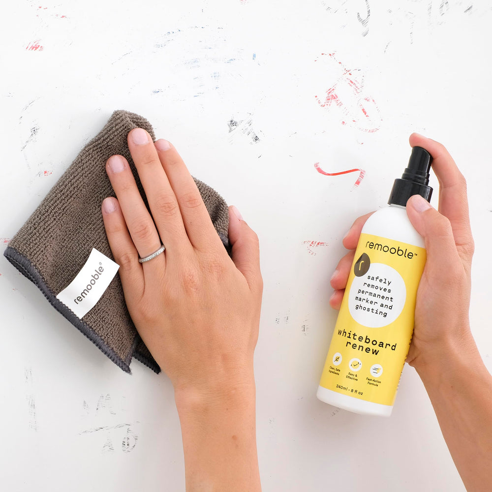 Remooble multi-surface cleaner on whiteboards and glass for versatile use