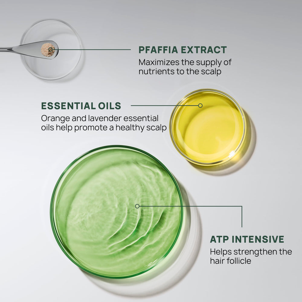 Close-up of René Furterer Triphasic serum bottle highlighting the drug-free formula.