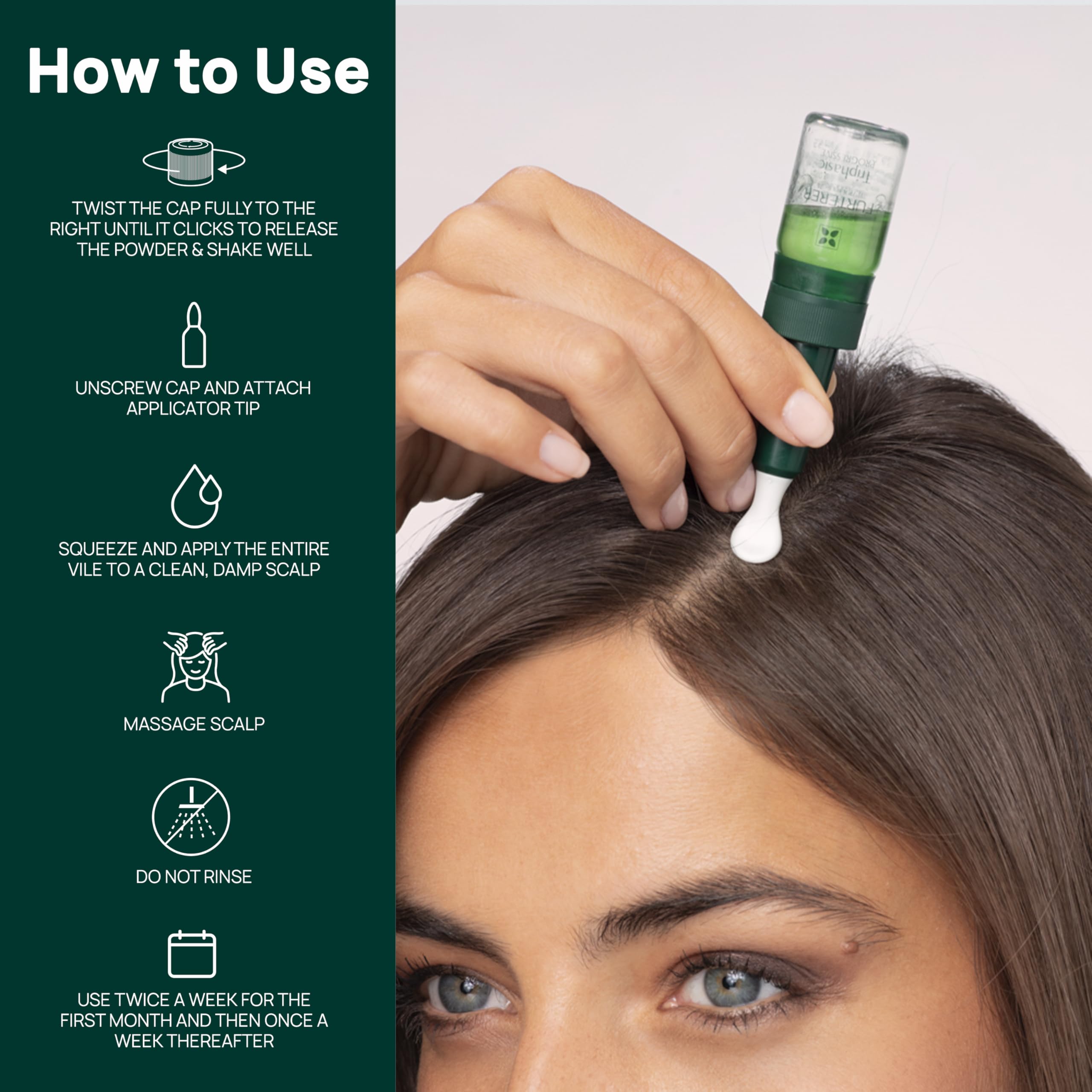 Dropper application of René Furterer Triphasic serum demonstrates easy leave-in use.