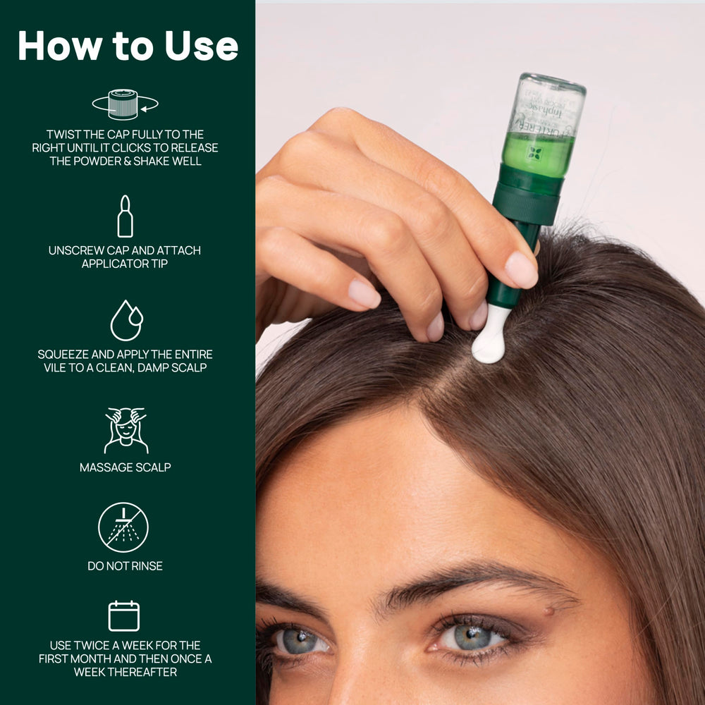 Dropper application of René Furterer Triphasic serum demonstrates easy leave-in use.