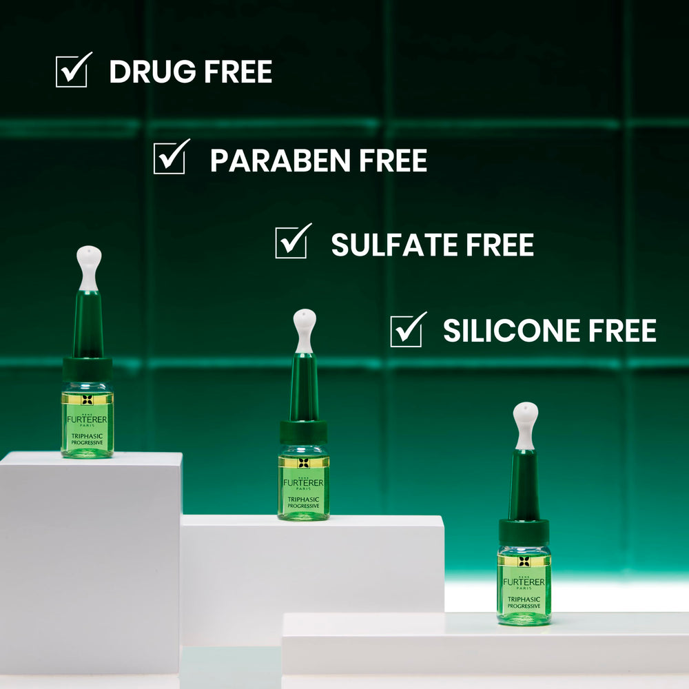  René Furterer Triphasic serum packaging box showing 30-day supply and routine fit.