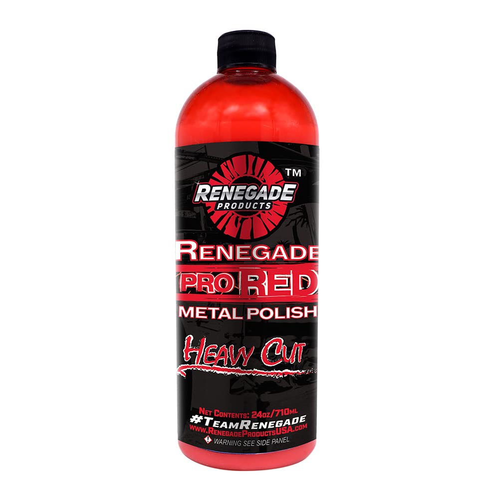 Renegade Pro Red liquid metal polish bottle delivering a mirror-like finish on metal surfaces