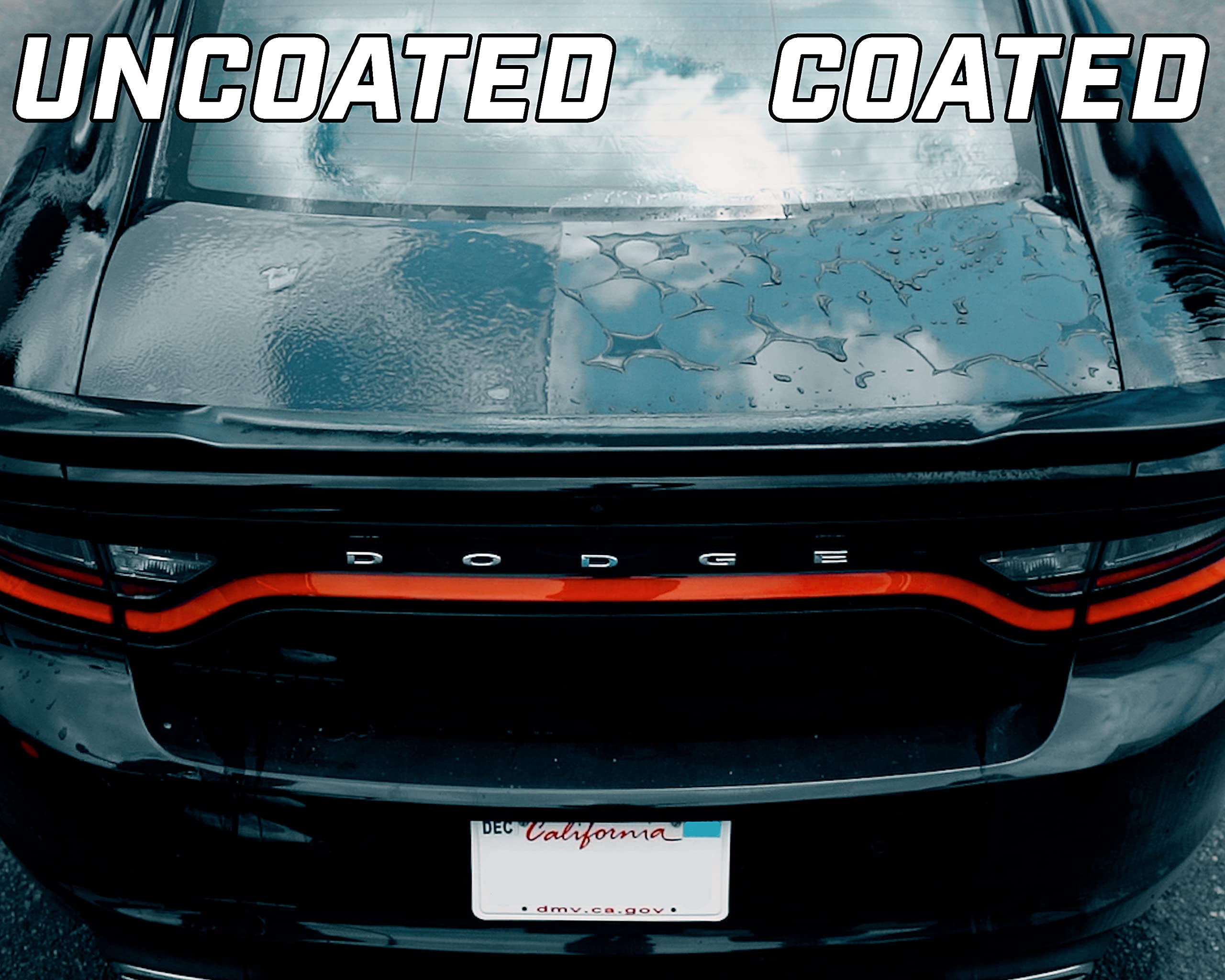 Renegade Products graphene ceramic polish on black car shows a dark, wet-looking finish.