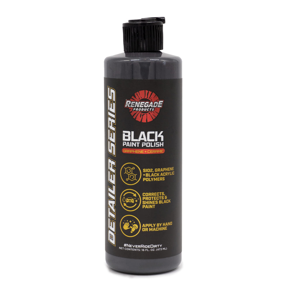 Renegade Products graphene ceramic polish bottle delivering a deep gloss on black paint.