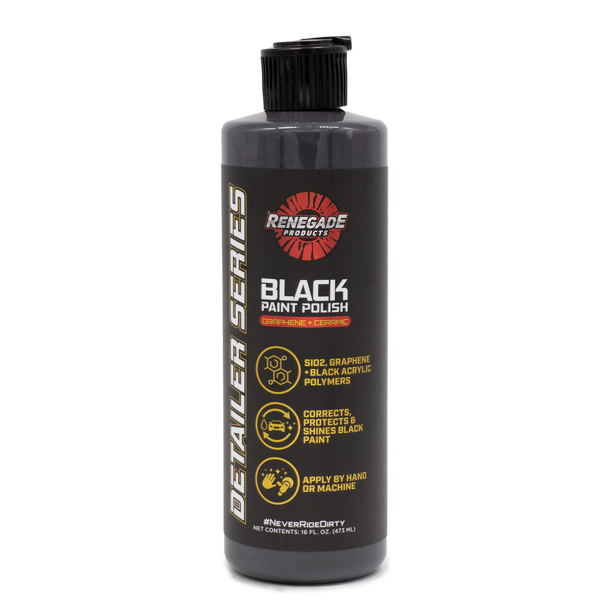 Renegade Products graphene ceramic polish bottle delivering a deep gloss on black paint.