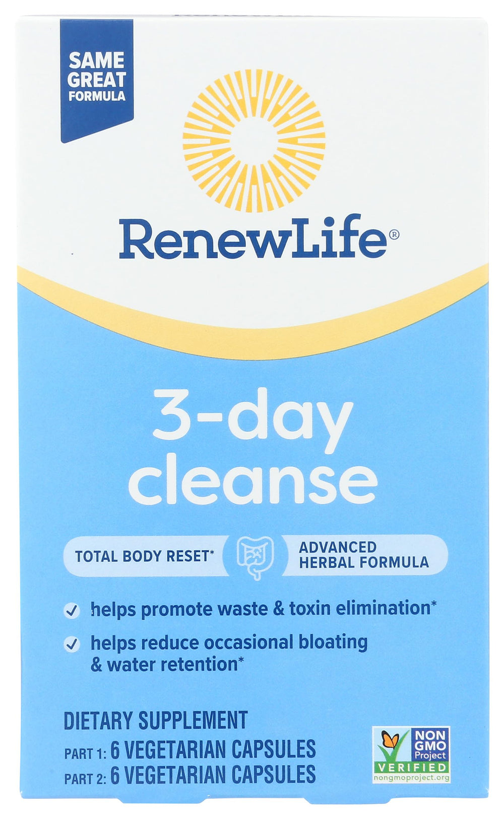 Renew Life 3-Day Cleanse bottle with capsules for digestive wellness.