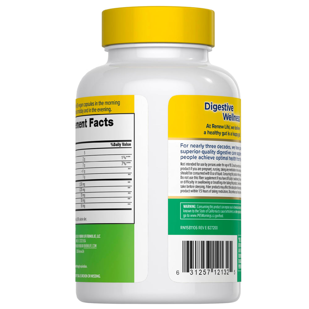 Renew Life prebiotic capsules close-up emphasizes vegetarian formula for daily wellness.