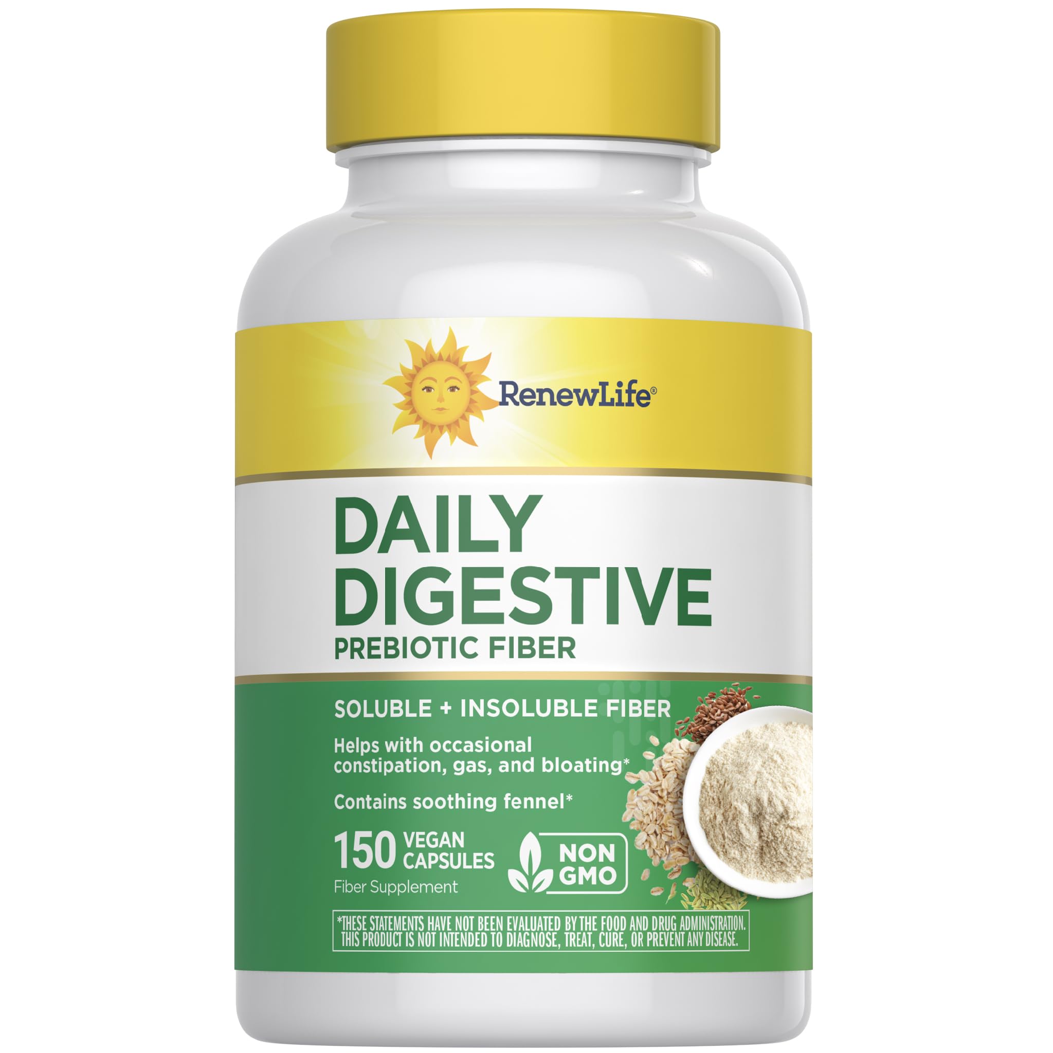 Renew Life prebiotic fiber bottle highlights vegetarian capsules for daily use.