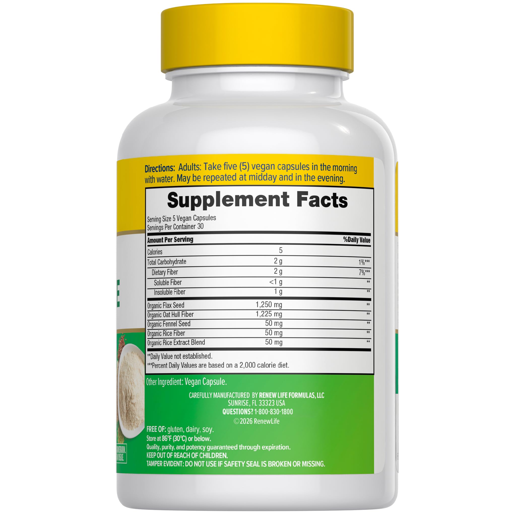 Renew Life bottle label shows the prebiotic fiber information for easy reference.