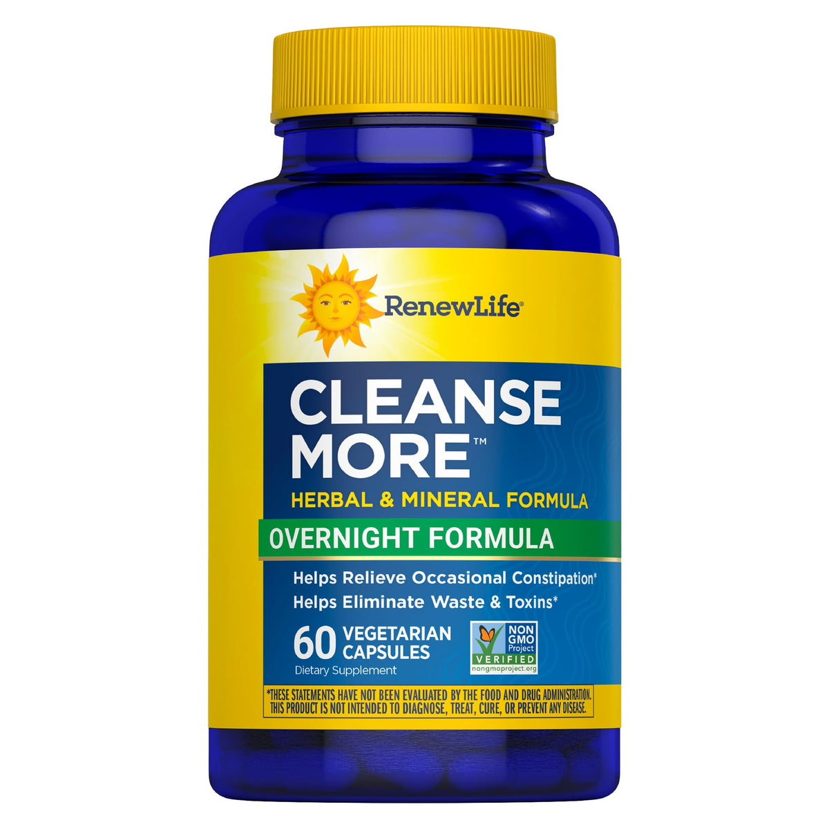 Renew Life Cleanse More bottle front view indicating overnight support