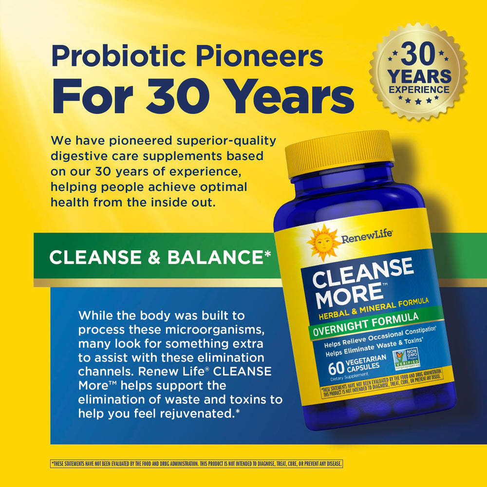 Packaging with usage directions for Renew Life Cleanse More overnight dosage