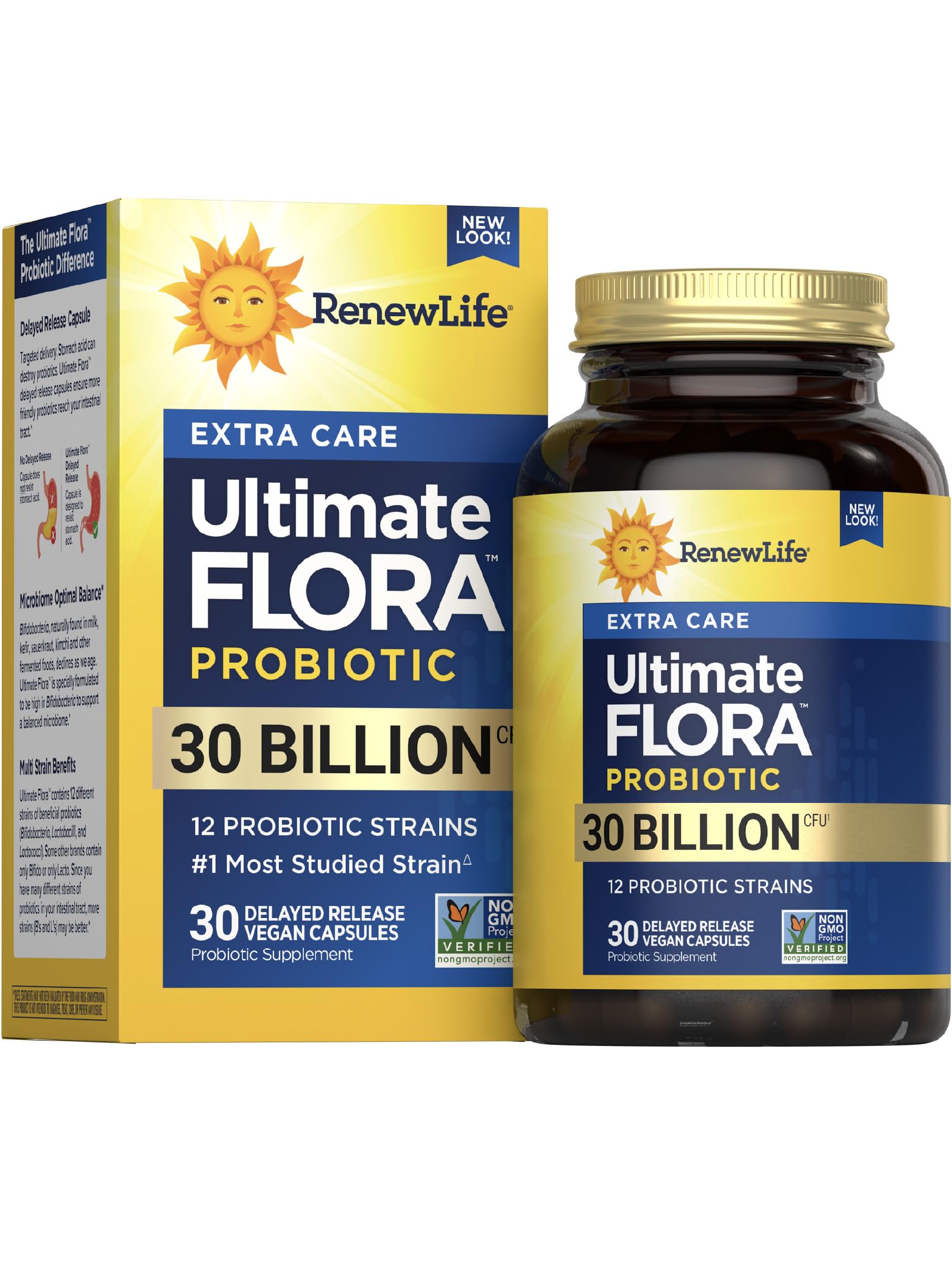 Renew Life Extra Care Digestive Probiotic bottle with capsules supporting digestive balance.