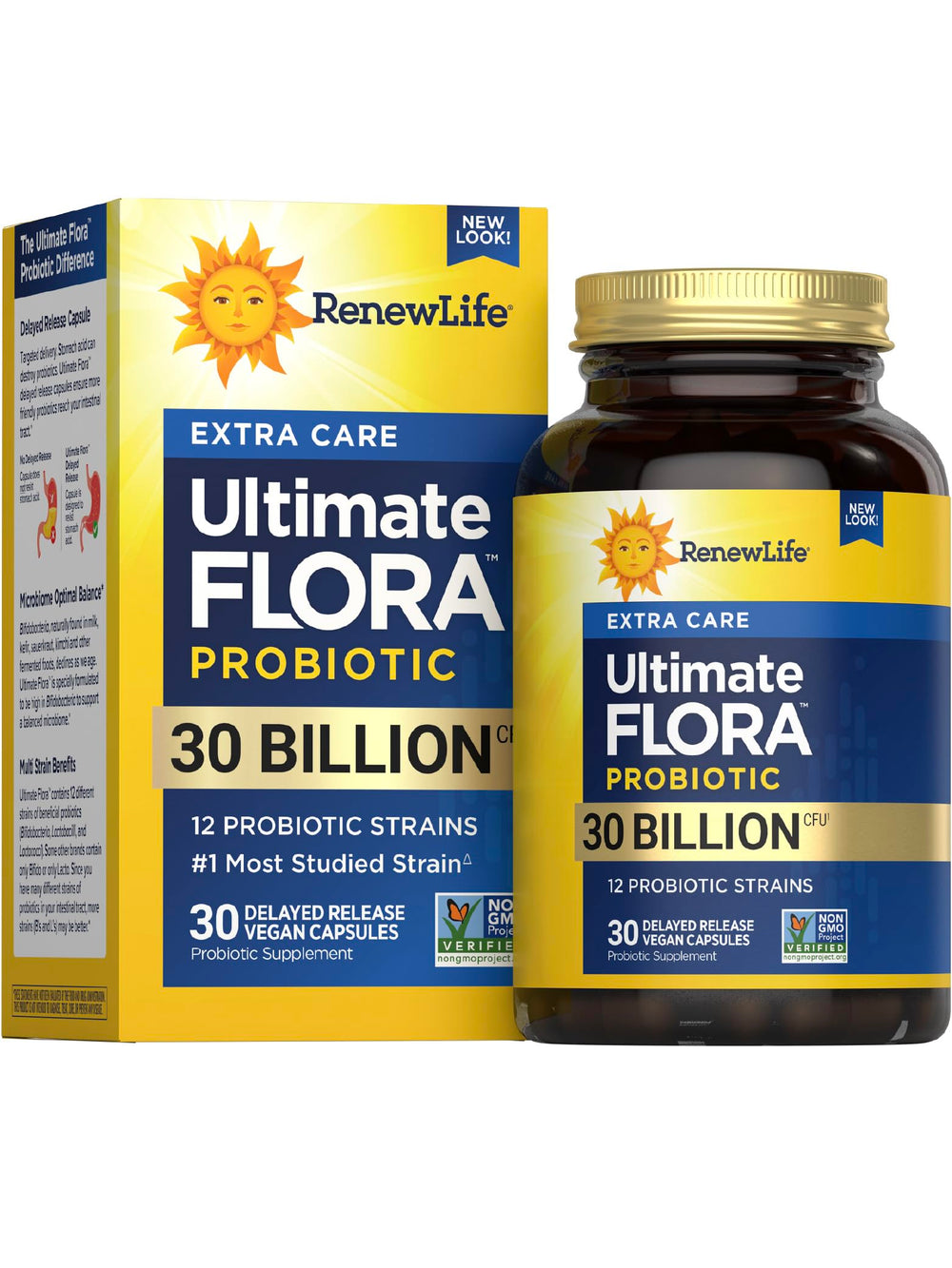 Renew Life Extra Care Digestive Probiotic bottle with capsules supporting digestive balance.