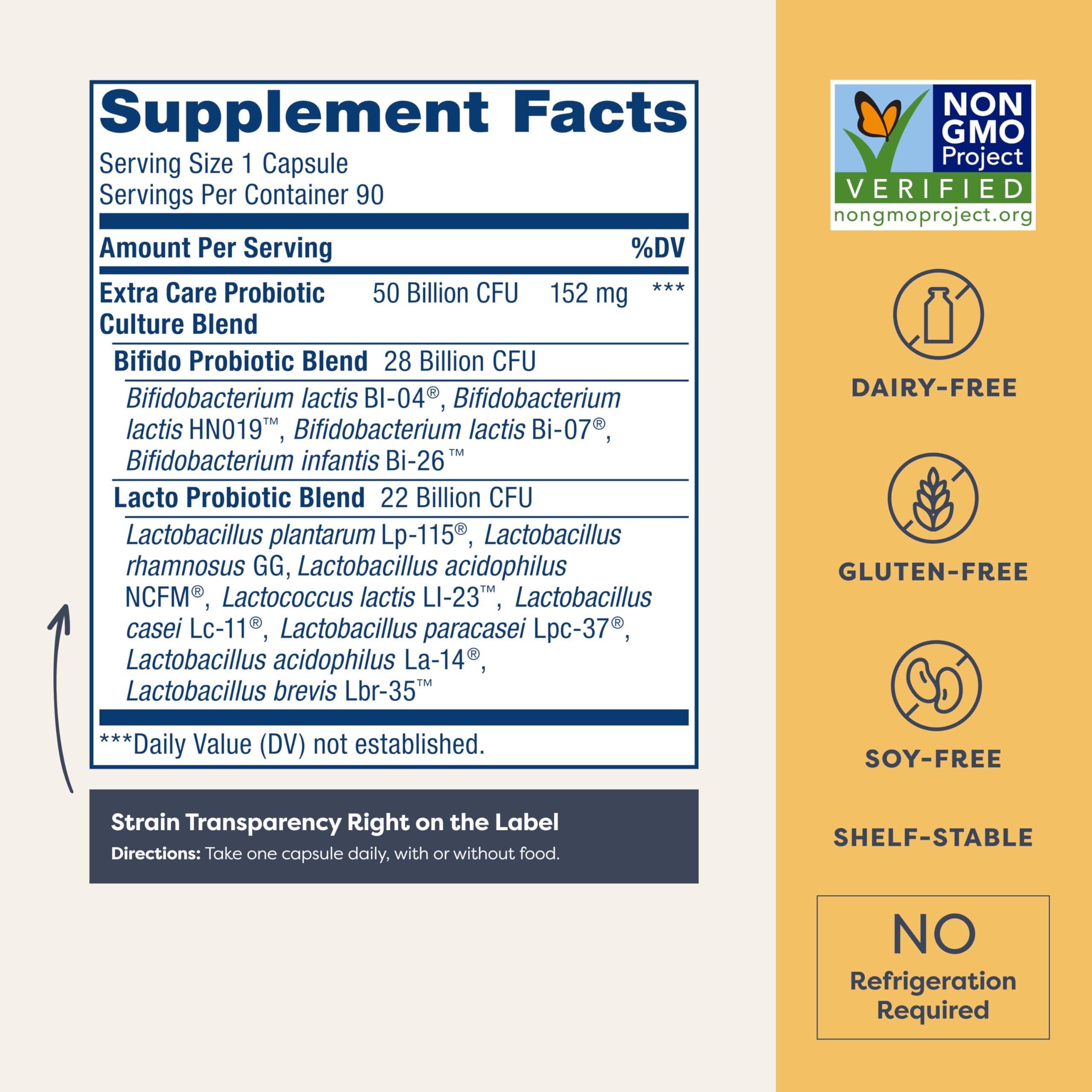 Renew Life Extra Care probiotic 12-strain blend label highlights diverse strains