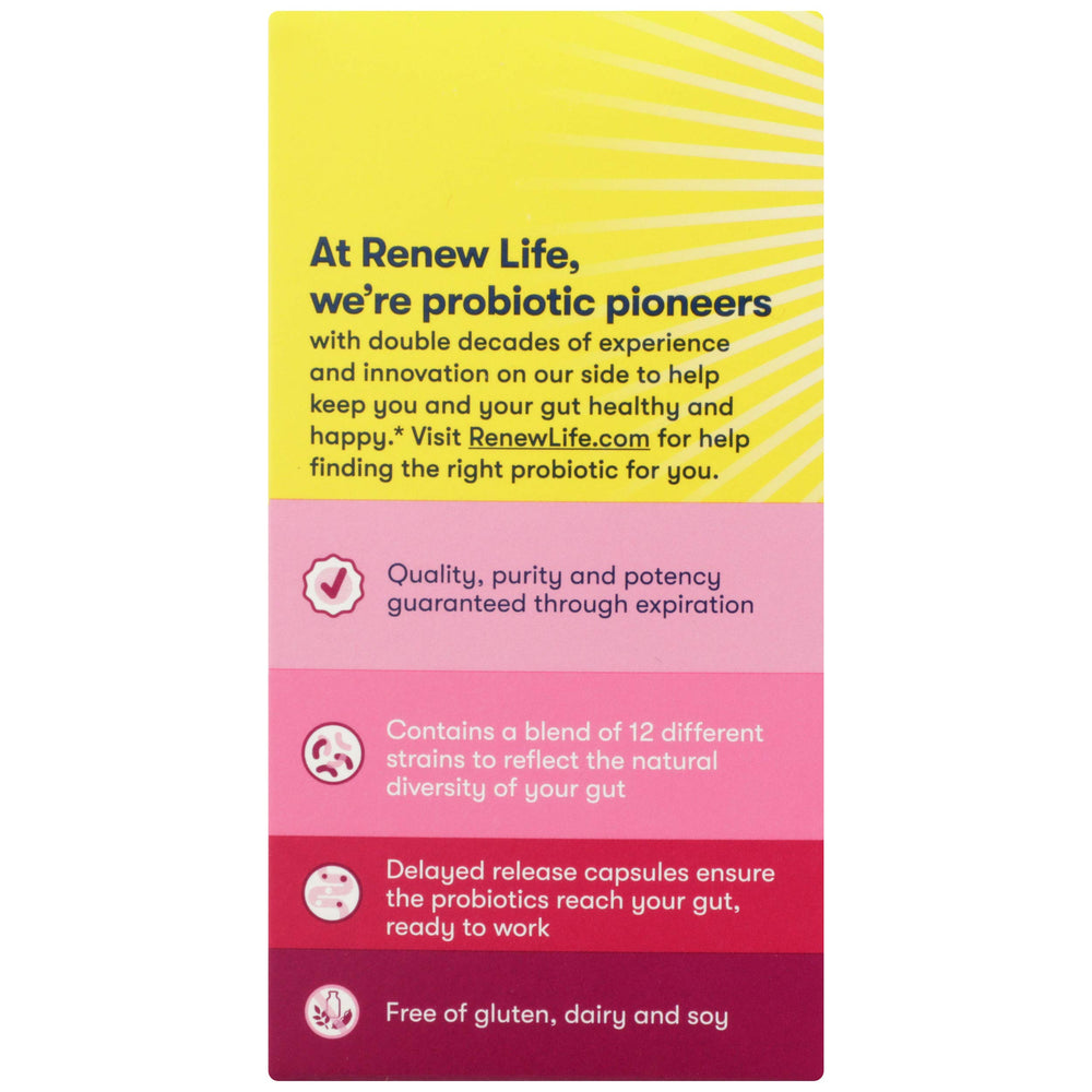 Close-up shows gluten-free, dairy-free and soy-free label on Renew Life probiotic