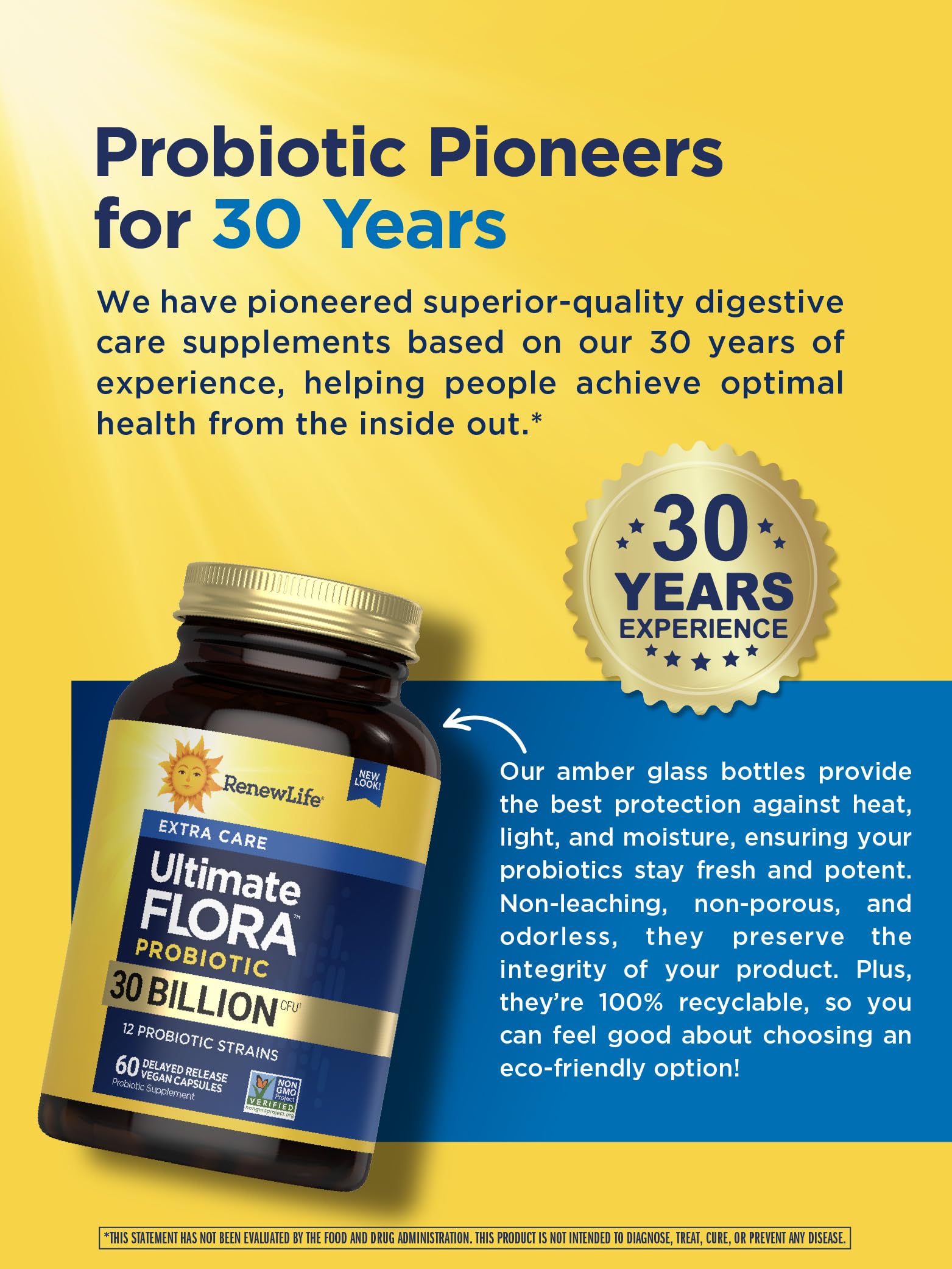 Renew Life gluten-free, dairy-free, soy-free label on packaging.