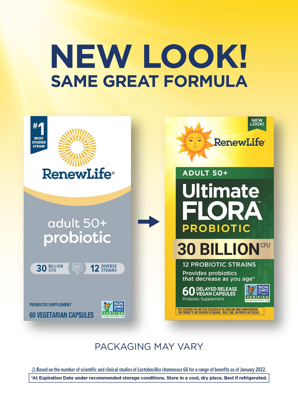 Renew Life Probiotic 50 Plus capsules closeup highlighting 12 strains for digestive balance