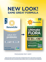 Renew Life Probiotic 50 Plus capsules closeup highlighting 12 strains for digestive balance