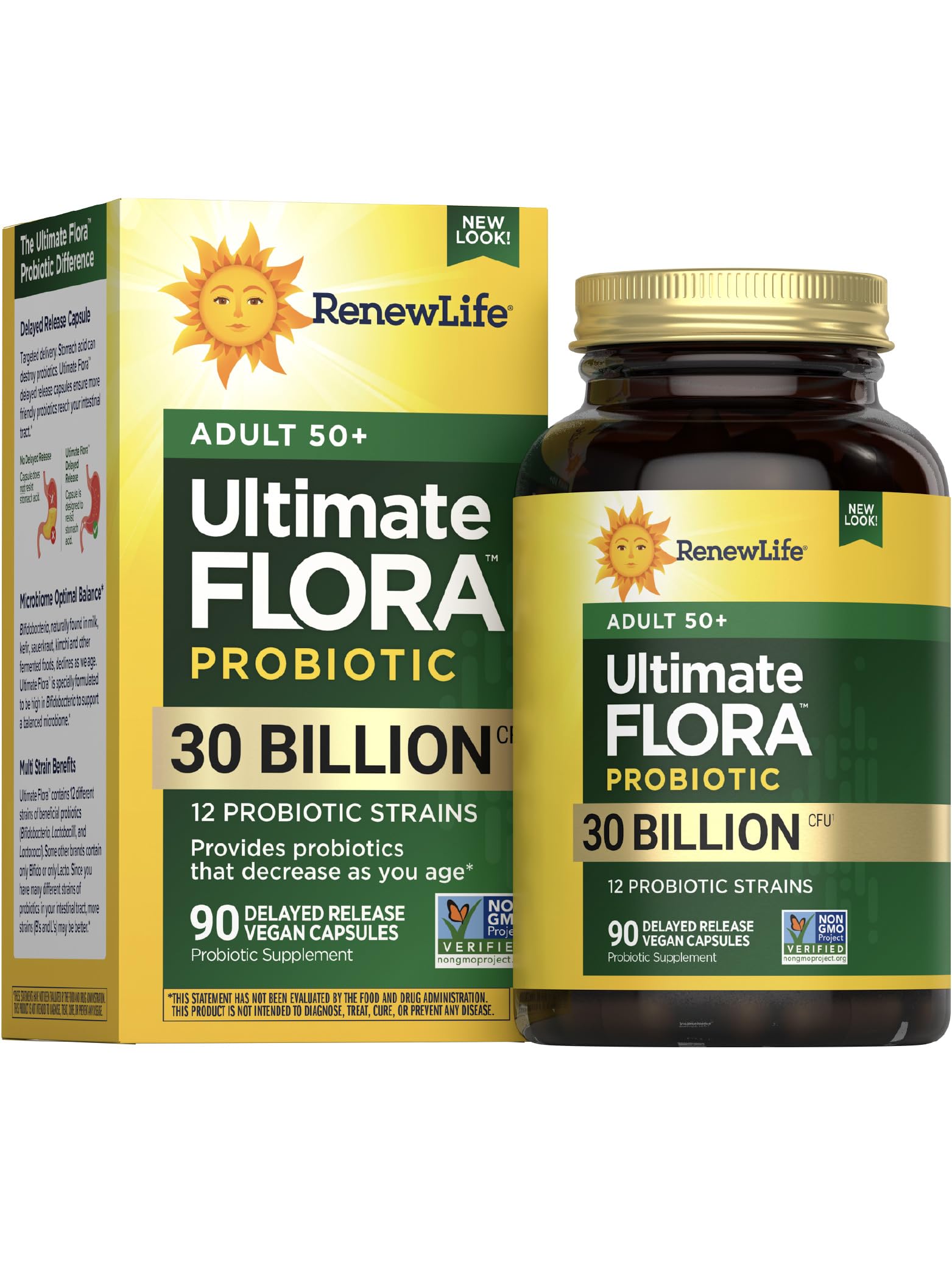 Renew Life Probiotic Adult 50 Plus bottle front view supports gut and immune health.