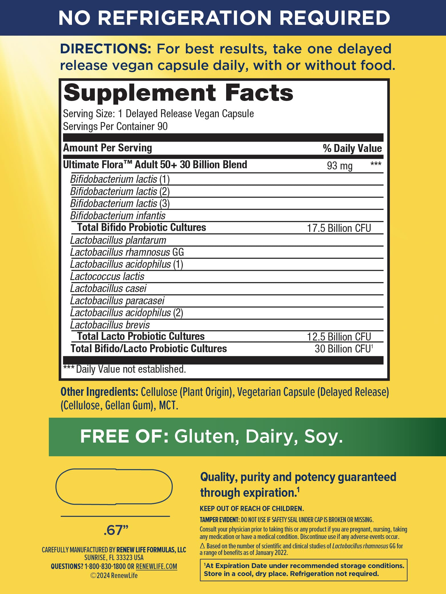 Renew Life Probiotic Adult 50 Plus bottle label detail highlights gluten-free and dairy-free.