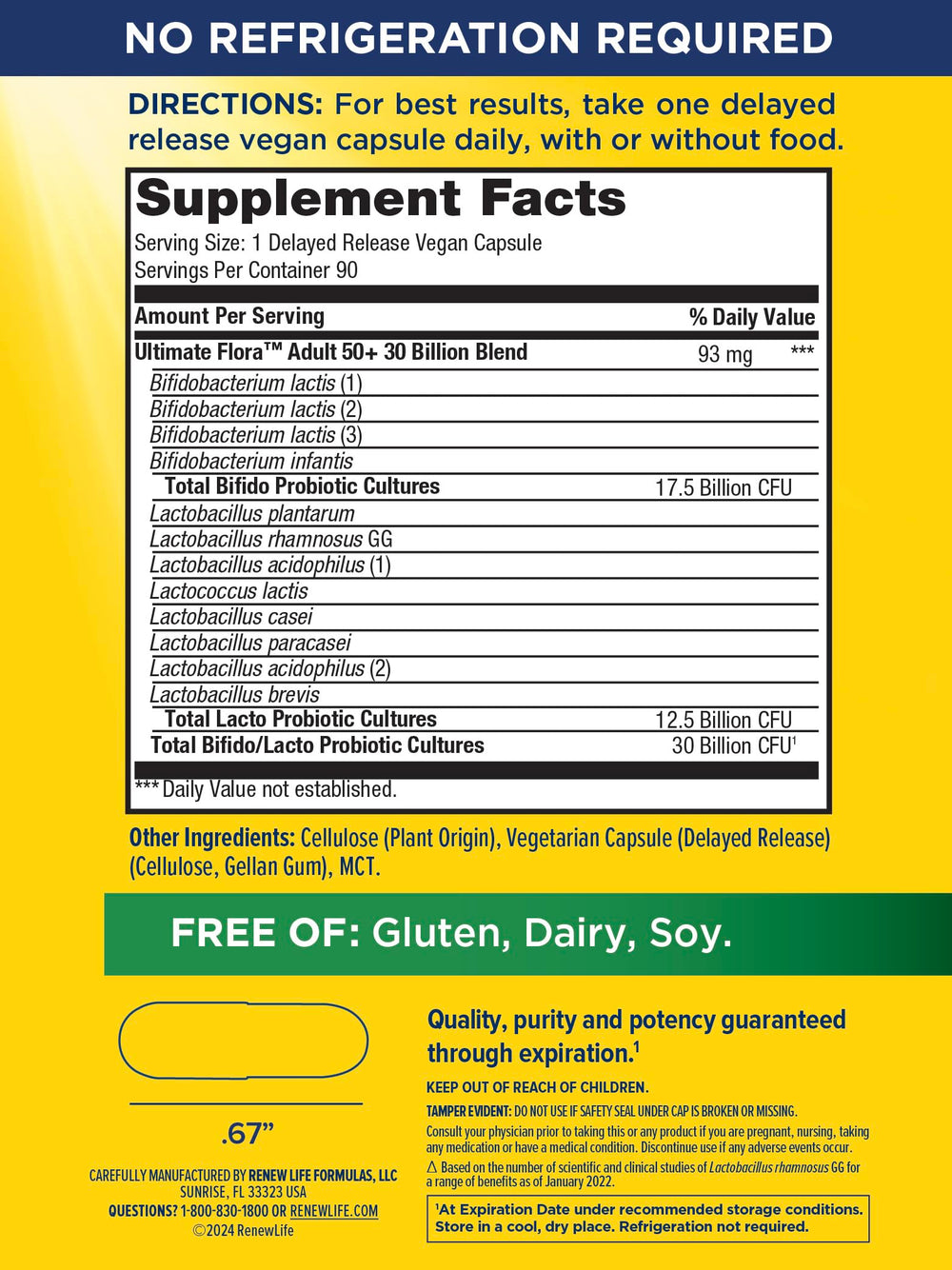 Renew Life Probiotic Adult 50 Plus bottle label detail highlights gluten-free and dairy-free.