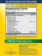 Renew Life Probiotic Adult 50 Plus bottle label detail highlights gluten-free and dairy-free.