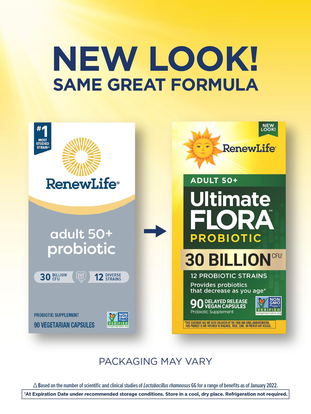 Renew Life Probiotic Adult 50 Plus capsules close-up shows 30 billion CFU.
