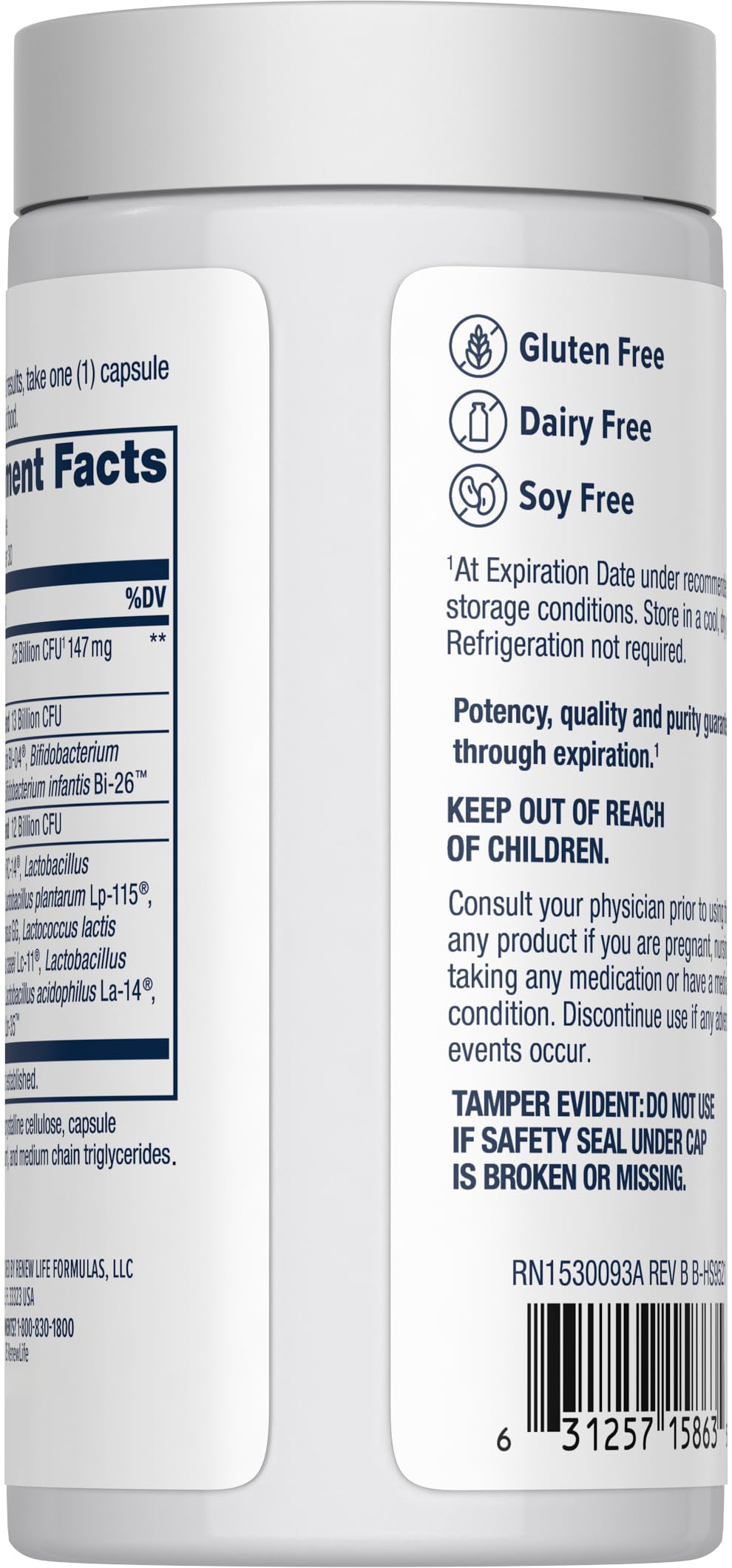 Renew Life probiotic label close-up featuring 12 strains and shelf-stable formula.