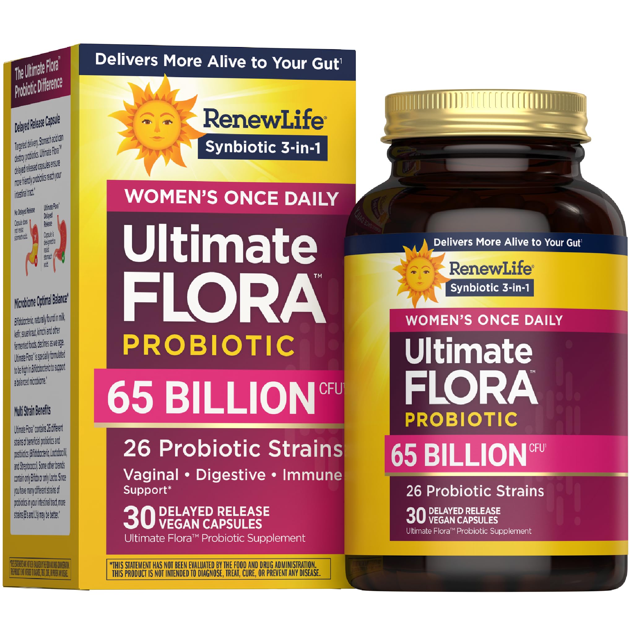 Renew Life Ultimate Flora Women bottle with 65B CFU for daily vaginal and digestive support.