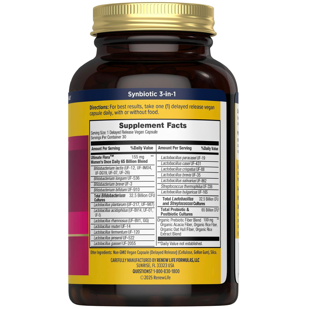Renew Life Ultimate Flora Women 65B CFU capsules for daily vegan gut balance.