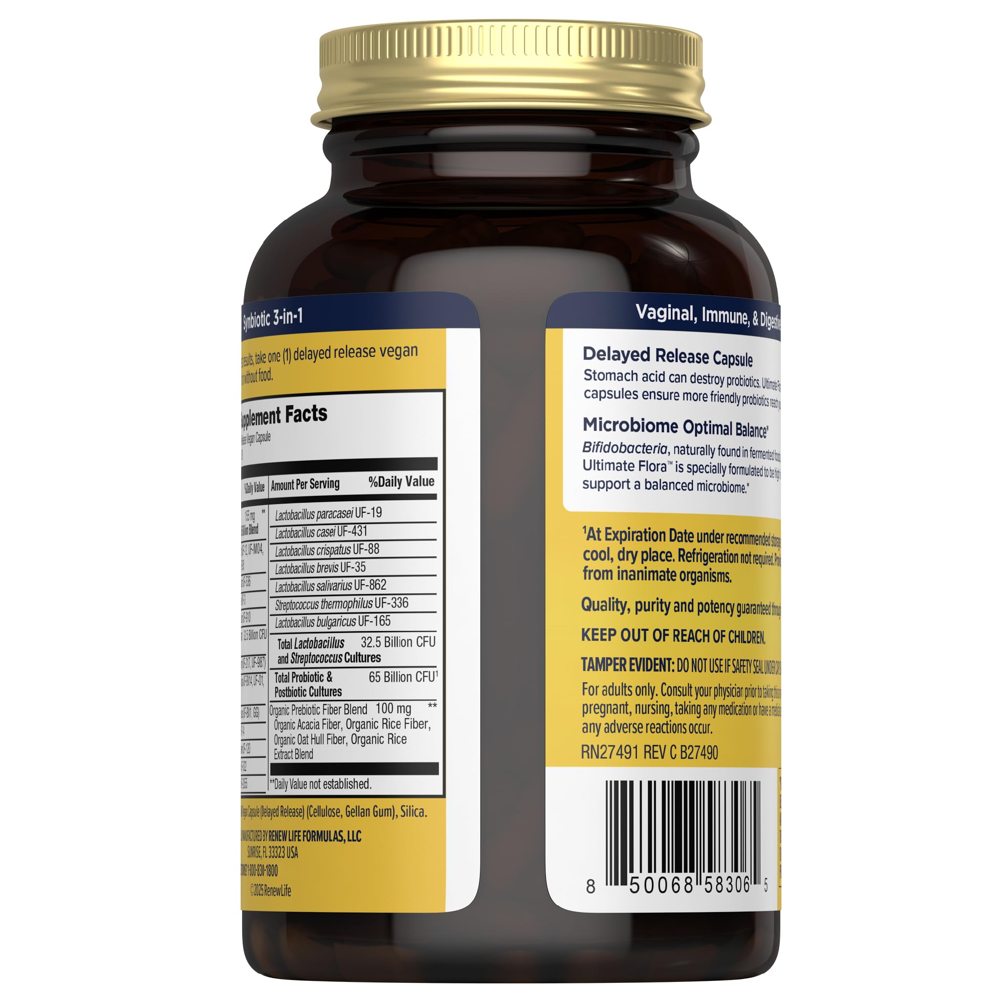 Renew Life Ultimate Flora Women delayed-release vegan capsules ensure intestinal delivery.