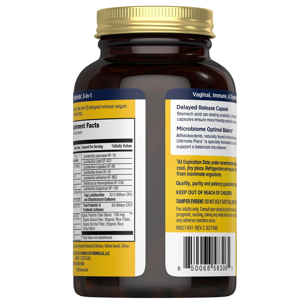 Renew Life Ultimate Flora Women delayed-release vegan capsules ensure intestinal delivery.