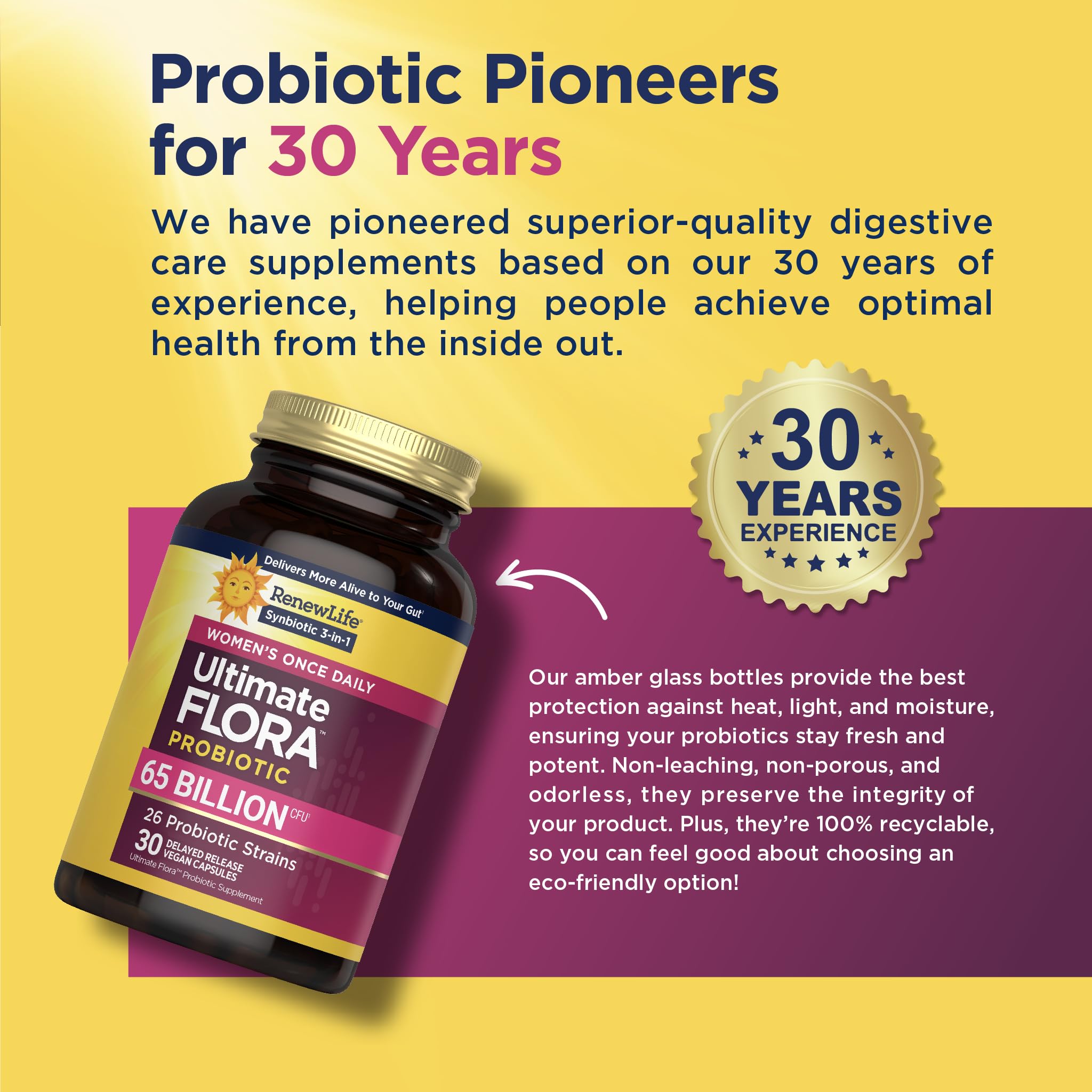 Renew Life Ultimate Flora Women synbiotic 3-in-1 formula for gut, vaginal, and immune health.