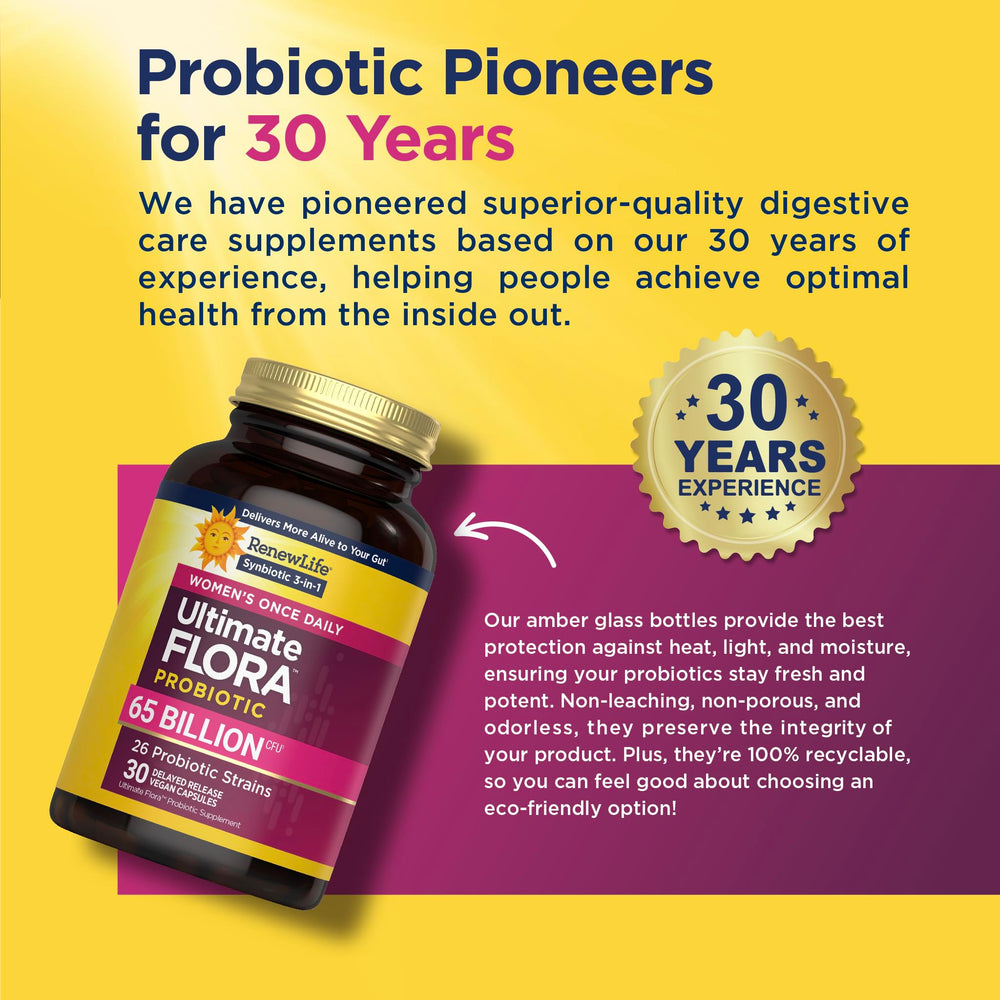 Renew Life Ultimate Flora Women synbiotic 3-in-1 formula for gut, vaginal, and immune health.