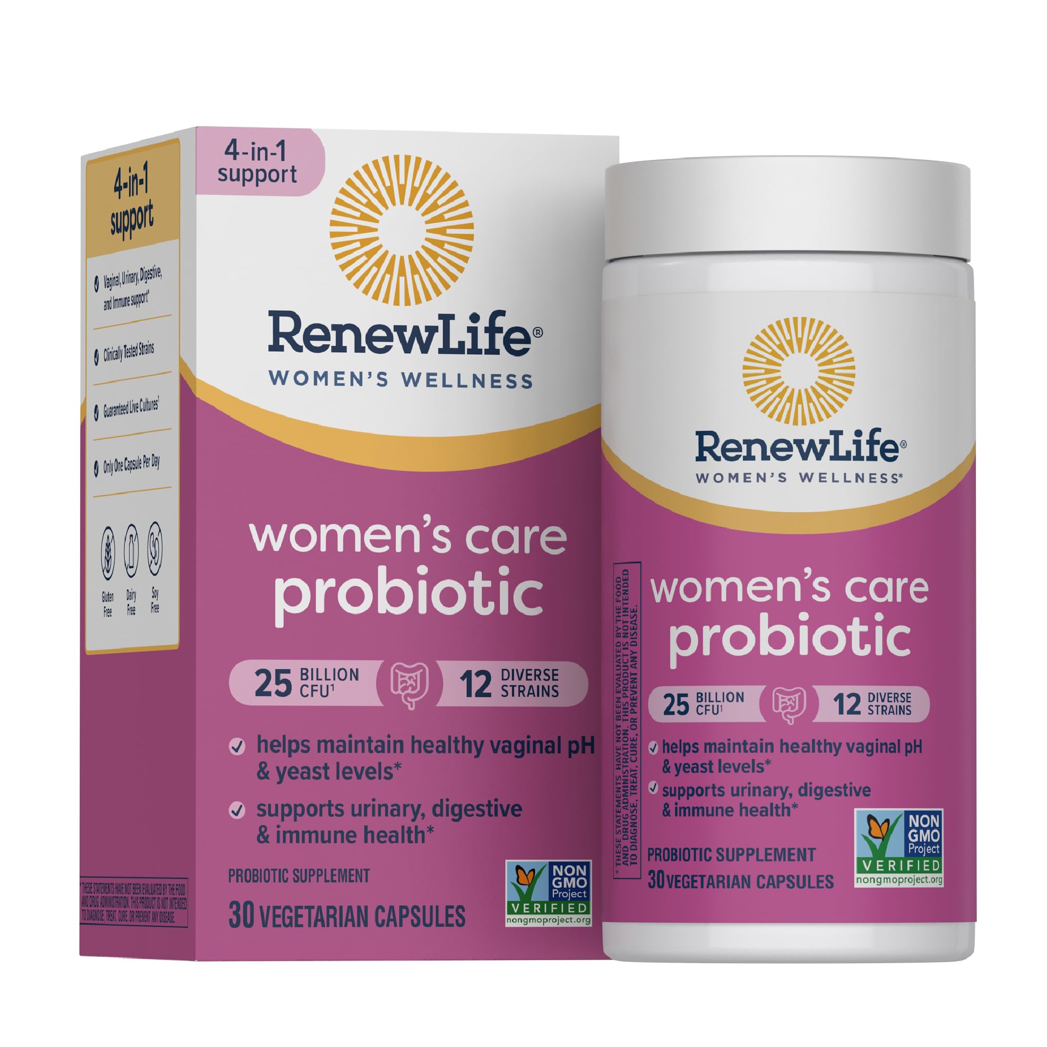 Renew Life Women's Care Probiotic bottle with 30 capsules for daily vaginal, urinary, and digestive support.
