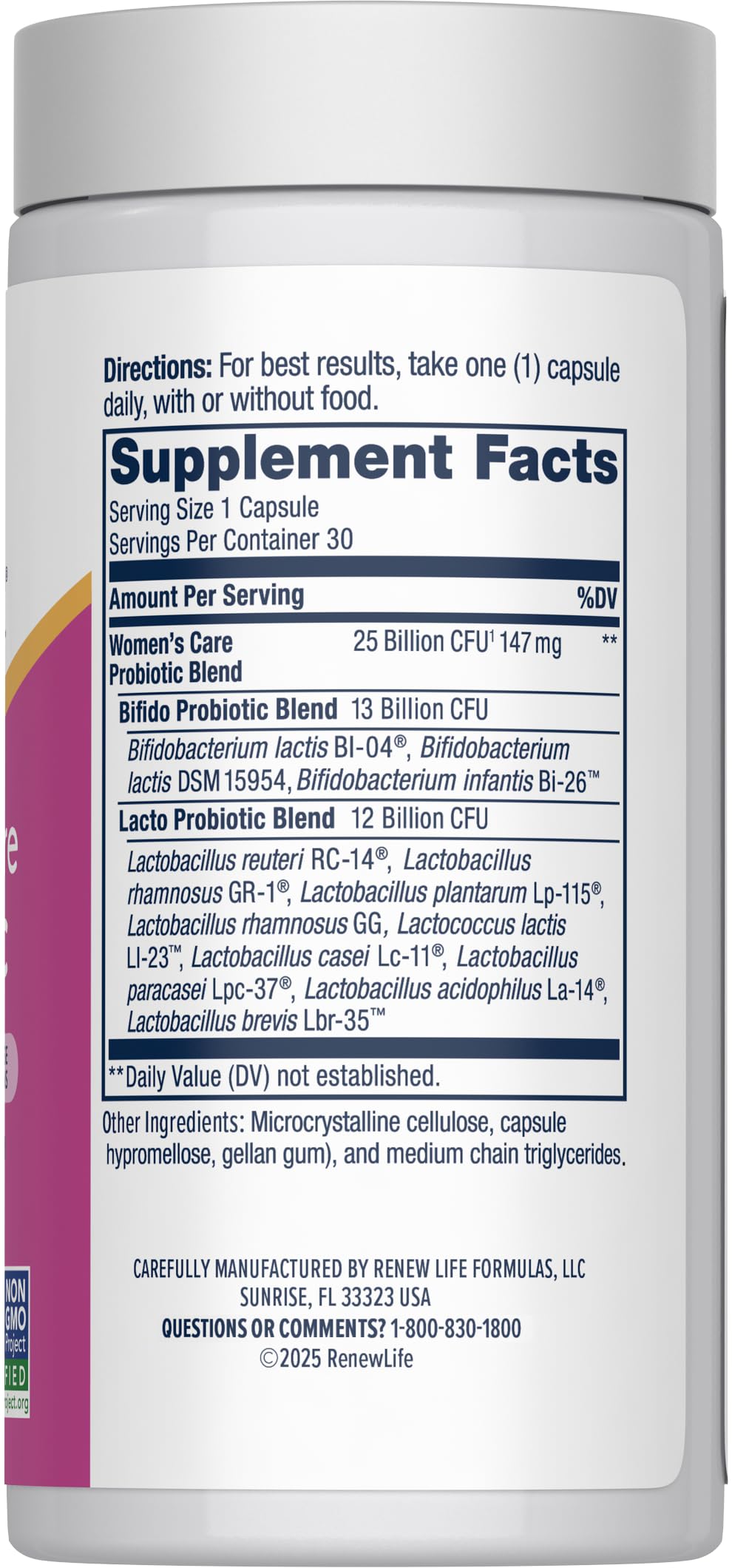 Renew Life Women's Care Probiotic capsules on label highlighting 25 billion CFU potency for gut health.
