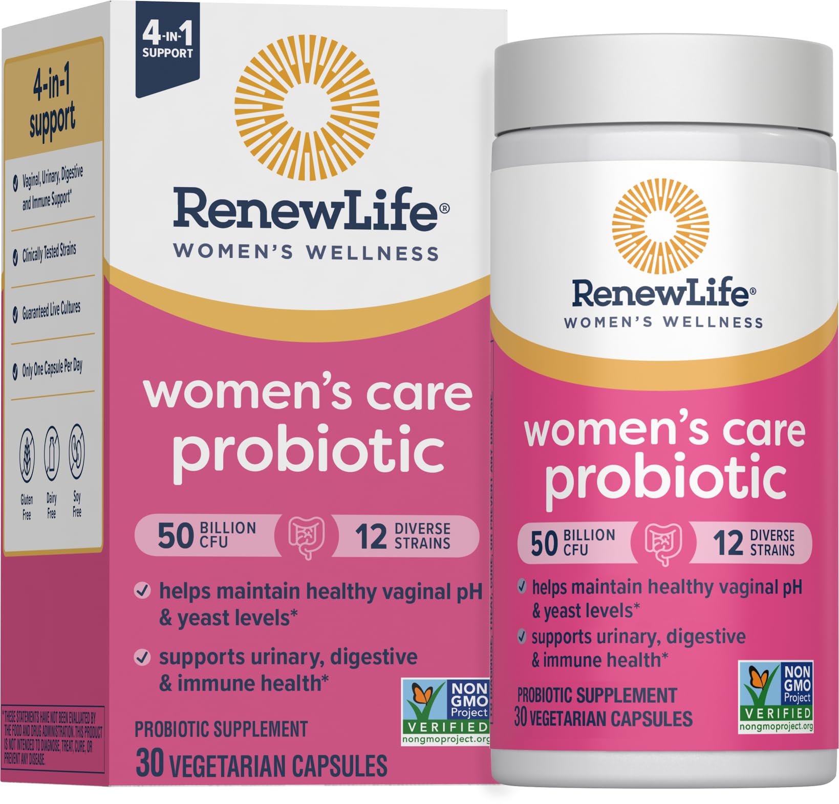 Renew Life Women’s Probiotic bottle showing 50 billion CFU for daily support.