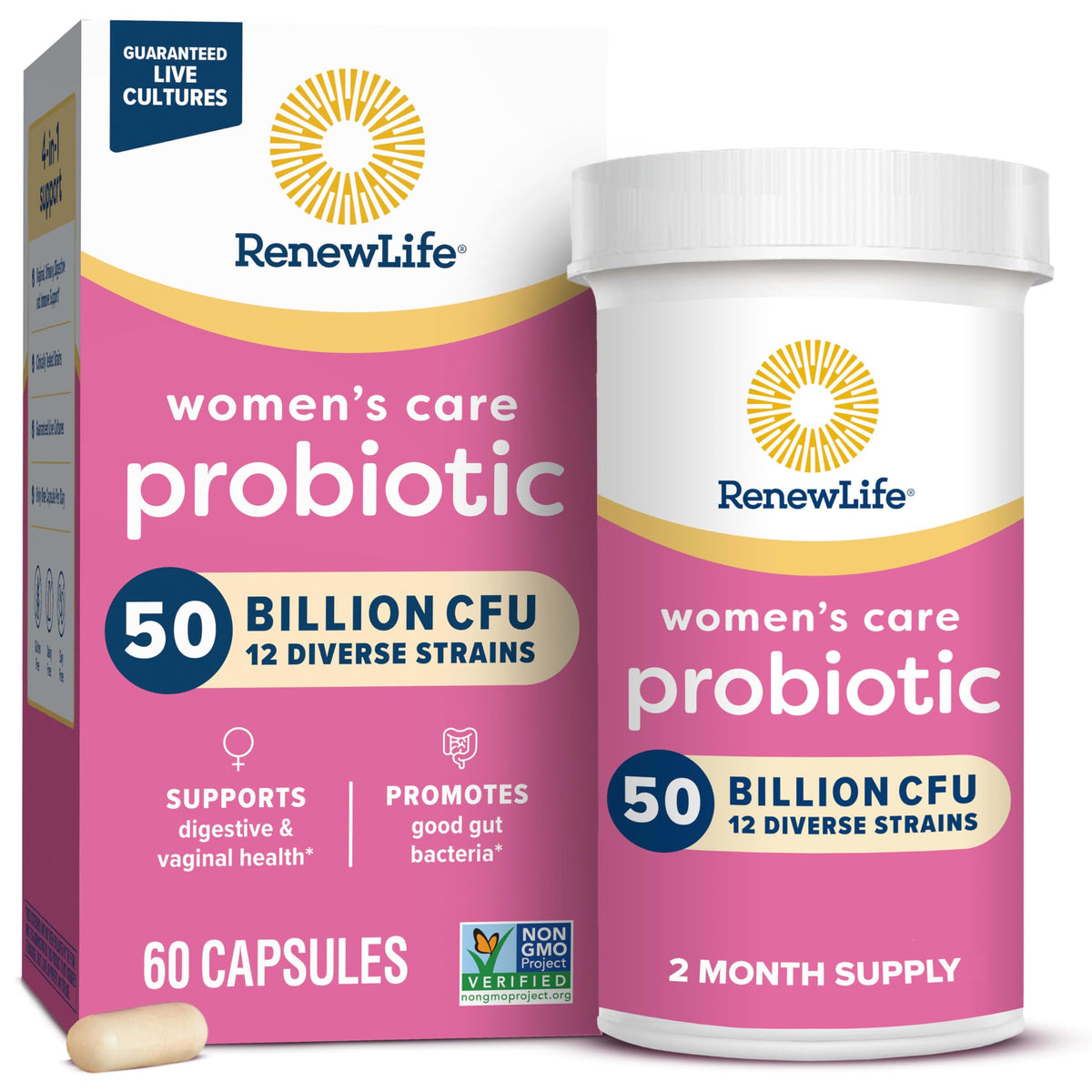 Renew Life Women's Probiotic bottle shows 50 billion live cultures for daily digestive balance