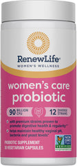 Renew Life Women's Probiotic label shows 90 billion CFU for vaginal, urinary, and digestive balance.