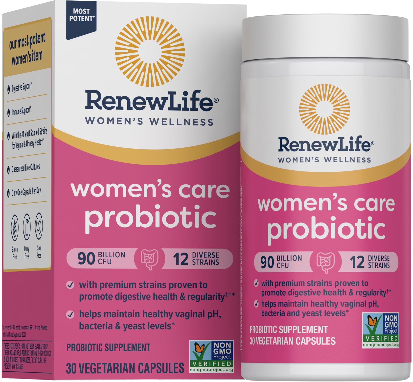 Renew Life Women's Probiotic bottle cap closed supports daily vaginal, urinary, and digestive balance.