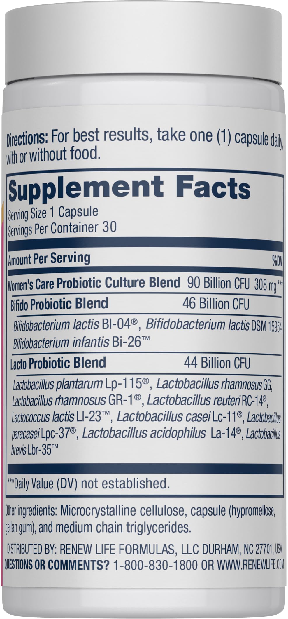 Renew Life Women's Probiotic capsule for daily use supports digestive comfort and immune balance.