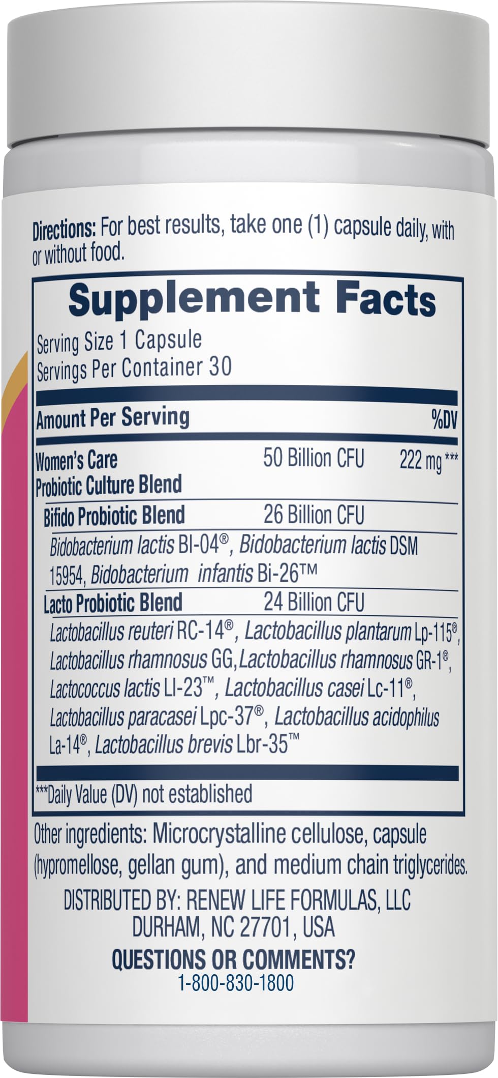 Renew Life Women’s Probiotic capsules closeup intended for daily digestive and vaginal balance.